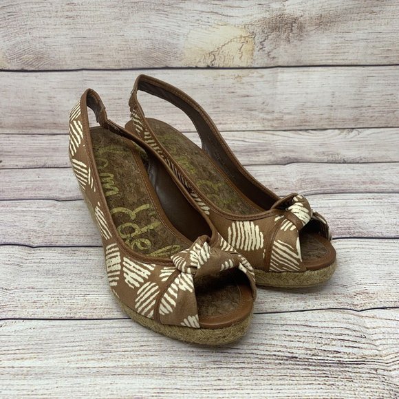 Sam Edelman Toledo Size 7.5M Brown White Textile Upper Espadrille Wedge Cork Bed - Picture 2 of 8